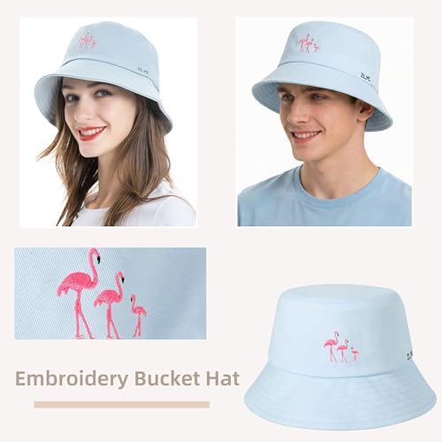 ZLYC Cotton Bucket Hat for Women Men Embroidered Packable Summer Sun Cap - color: Blue Flamingo