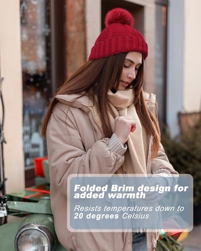 Womens Winter Beanie Hat, Satin Lined Women Hat Faux Fur Pom Pom Beanies Women Warm Knit Hats Warm Cap - color: Red