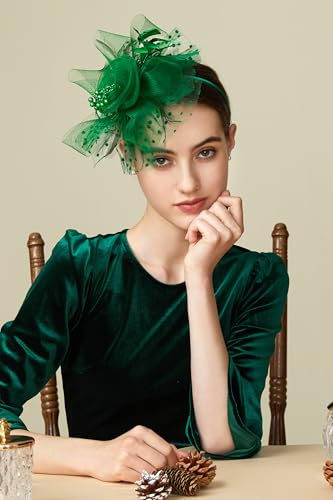 BABEYOND Fascinators Hats for Women Tea Party Flower Tulle Bead Derby Hat - color: Dark Green