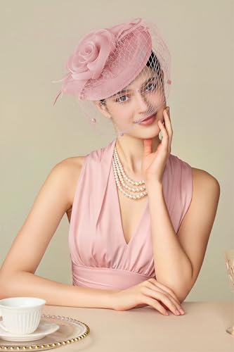 BABEYOND Fascinators Hats for Women Flower Veil Feather Pillbox Derby Hat - color: Light Pink