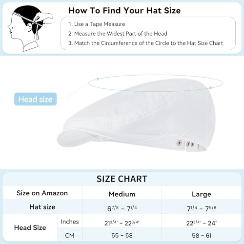 Men's Newsboy Flat Cap 100% Cotton Gatsby Ivy Golf Cabbie Hunting Summer Hat - color: Whitel, size: Medium