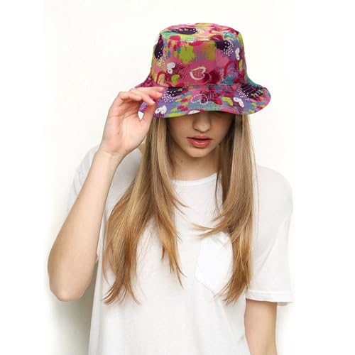 Bucket Hat for Women Men, Cotton Reversible Double Side Wear Sun Hats Beach Fisherman Hat - color: Heart Pink