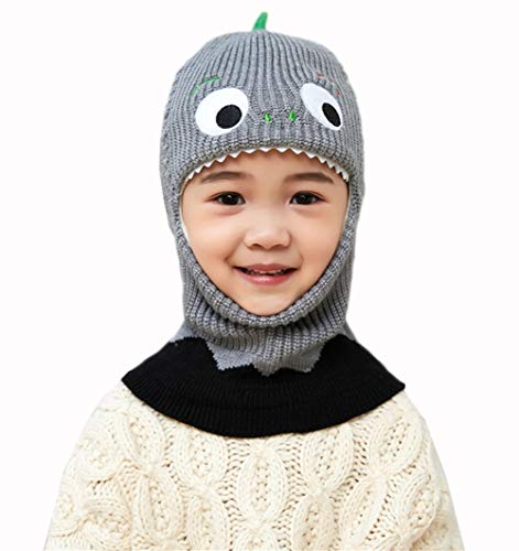 Kids Boys Girls Dinosaur Winter Knit Hat Baby Toddler Thick Scarf Earflap Hood Scarves Skull Caps - color: Grey(2-7years Old)