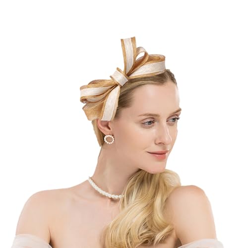 HIMESPORT Sinamay Fascinators Hats for Women Ladies Church Headdress Formal Tea Party Wedding Cocktail Derby Hat with Bowknot - color: Khaki and Beige