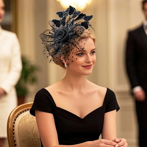 Zinniday Butterfly Derby Hat 2025 - Classic Tea Party Hats with Hair Clip, 1920s 50s Fascinators for Lady Woman - color: Black