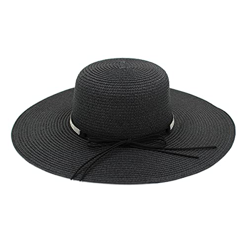4.5" Wide Brim Foldable UPF50 Rhinestone Trim Floppy Summer Straw Sun Beach Hat - color: Black