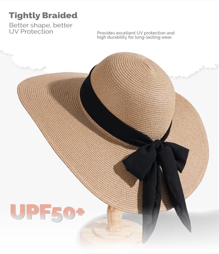 Hat Hut Wide Brim Beach Sun Hat for Women UPF 50+ UV Protection Packable Floppy Straw Hats for Summer - color: Khaki With Lace, size: Large