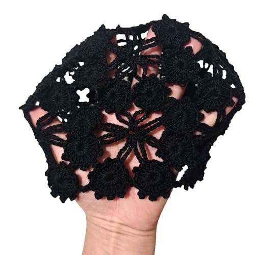 Women Lace Crochet Beanie Hat Handmade Knitted Cutout Floral Skull Cap - color: Black