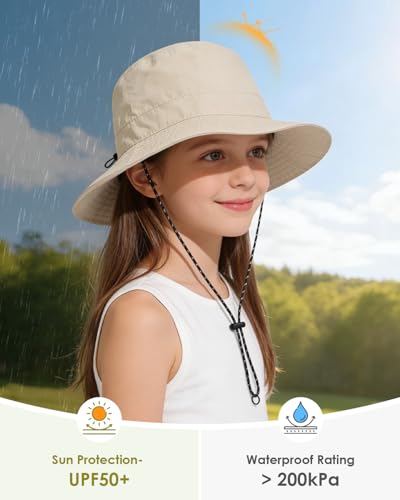 Kids UPF 50+ Waterproof Sun Hat, Packable Wide Brim Bucket Hat - color: Beige
