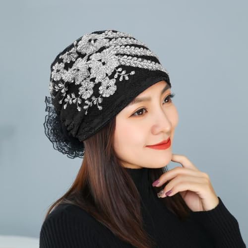 haozaikeji Women Flower Turban Hat Rhinestones Muslim Islamic Head Wrap African Pearl Turban Soft Stretchy Head Cover - color: Black-gold