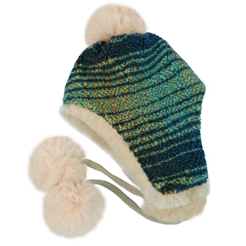 Holiberty Womens Winter Knit Beanie Hat Ladies Fur Pom Poms Ears Warm Slouchy Snow Ski Cap Fleece Thermal Ushanka Trapper Hat - color: Green, Striped
