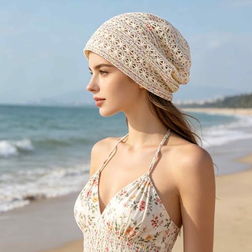 Women's Sparkly Lace Beanie Hat for Women, Lightweight Breathable Knit Skull Cap,Fashion Slouchy Beanie - color: Beige Color 011
