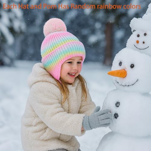 Girls Beanie Knit Hat with Ear Flaps Rainbow Cat Hats Toddler Kids Winter Outdoor Skull Snow Ski Cap Age 2-10 - color: Rainbow, size: 5-10 Years