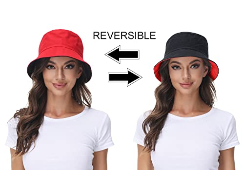 Women Reversible Bucket Hat, Summer Sun Hat for Women - color: Black- Red