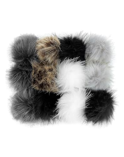 QWORK Faux Fox Fur 3.94" DIY Pom Pom Balls, Colorful Fluffy Craft Pompoms with Elastic Loops for Knitting Hat, Shoe Accessories, Bag Charms, 12 Pcs