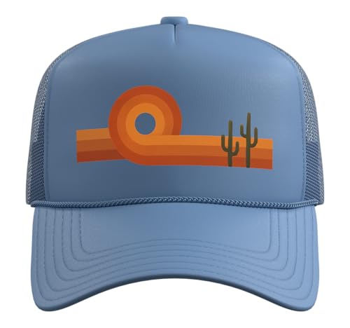 Retro Desert Sunset, Vintage Southwest Cactus Landscape Trucker Hat with Adjustable Mesh Back - color: Light Blue