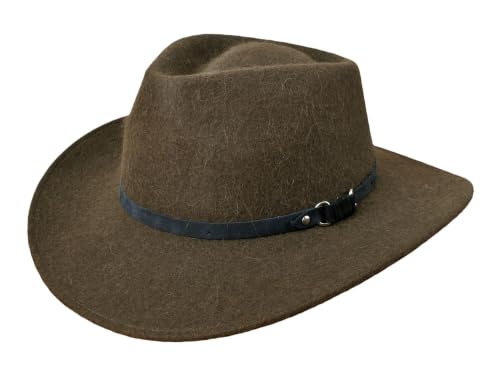 Bigalli Melbourne Alpaca & Wool Felt Cowboy Fedora Hat for Men Women Crushable Teardrop Genuine Leather Detail | Outback - color: Moss, size: Large