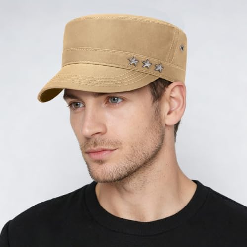 Initlove Cadet Army Cap Military Unisex Flat Top Hat for Men Women - color: Star Beige