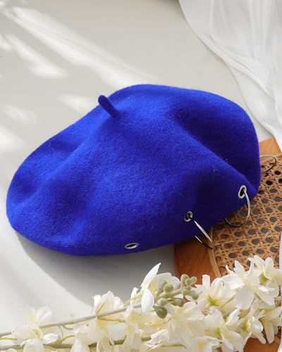 AWAYTR Punk Beret Hat for Women - 90% Wool Blend Goth Alt French Cap - color: Royal Blue