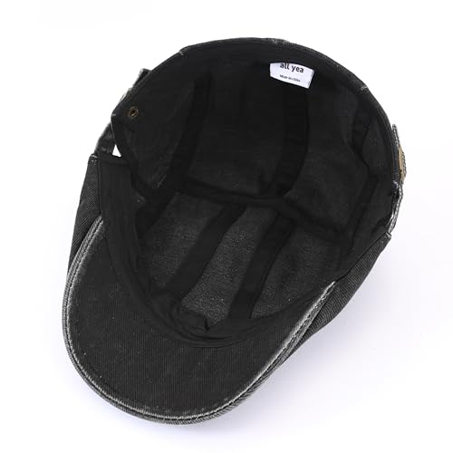 Unisex Adjustable Patchwork Flat Cap 100% Cotton Washed Distressed Ivy Newsboy Hat for Men Women 57-62cm - color: Black