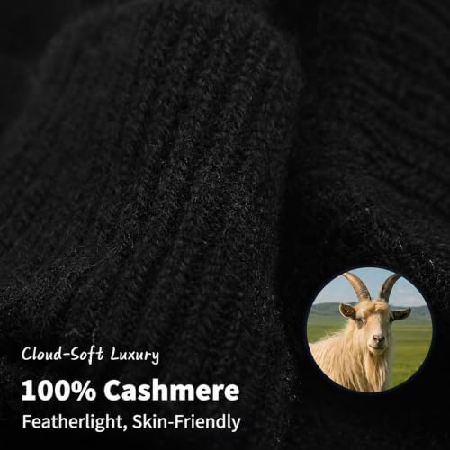 100% Cashmere Beanie for Women and Men, Soft Warm Winter Knit Hat - color: Black