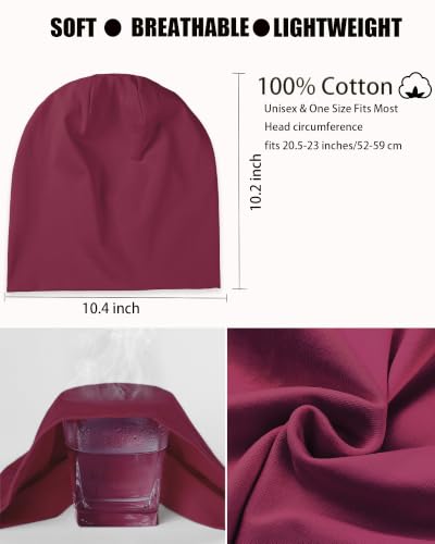 100% T-Shirt Cotton Slouchy Beanie Women Men,Lightweight Chemo Hat - color: Wine Red(2-layer)