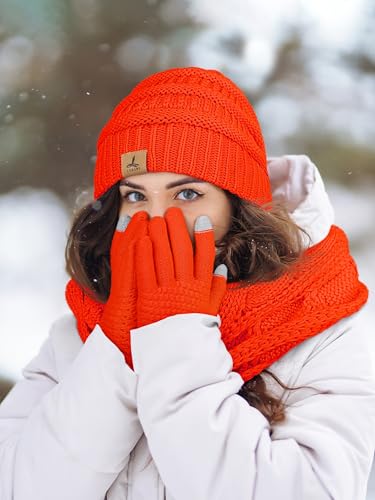 LOROME Winter Beanie Hat Scarf Gloves, Warm Fleece Knit Neck Scarf Set Gift - color: Fluorescent Orange
