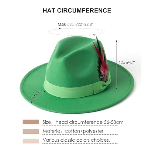 Mens Fedora Hats Wide Brim Felt Panama Hat Dress Hat with Feather - color: A-ci Green