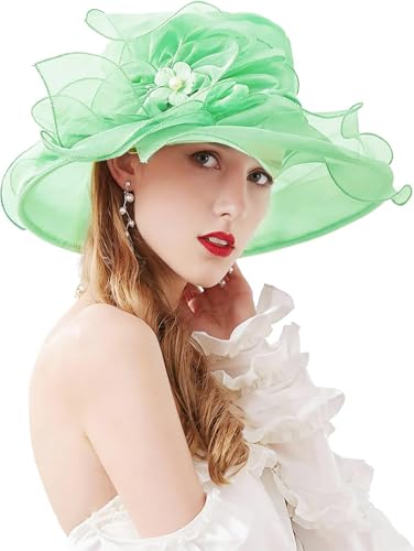Women Derby Fascinator Hat Organza Church Wedding Hats Wide Brim Cocktail Tea Party Hat - color: 07 Mint Green
