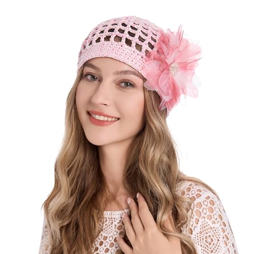 ZLYC Women Crochet Beanie Hat Summer Handmade Knit Decorated Skull Cap - color: Floral Pink