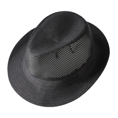 Men Straw Fedoras Summer Trilby Hat Vintage Mesh Panama Sun Hat Short Brim Beach Travel Hat British Jazz Hat Outdoor Bucket - color: Half Black