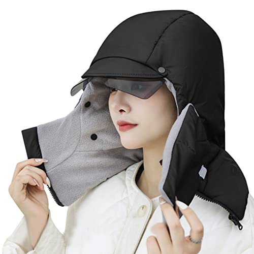 4 in 1 Ski Trapper Hat with Hooded Windproof Face Mask Thermal Plush Fleece Lined Trapper Hat Ski Cap - color: Black