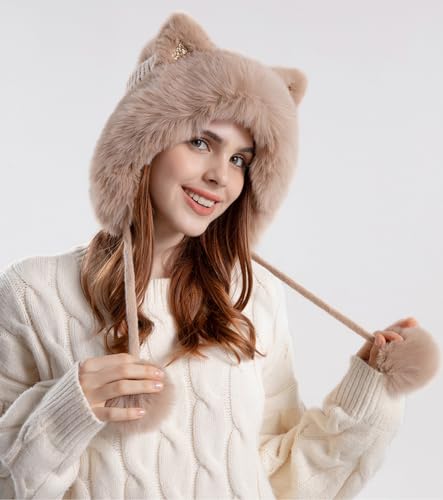Outdoor Warm Earflap Beanie Hat with Brim Baseball Slouchy Knitted Visor Skull Caps for Women Men Black - color: Khaki