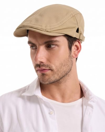 ZLYC Men Cotton Flat Cap Summer Scally Newsboy Beret Driver Hat - color: Side Buckle Khaki