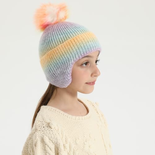 Kids Beanie Hat with Ear Flaps for Boys Girls Rainbow Tractor Knit Hats Outdoor Skull Snow Ski Cap Age 2-10 - color: Rainbow Pink, size: 5-10 Years