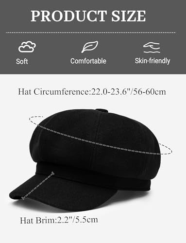 FEOYA Women Newsboy Hat Plaid Cabbie Caps Cotton Casual Stylish Beret Cap Paperboy Hats - color: Solid-black