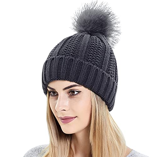 Muryobao Womens Satin Lined Beanie Hat with Faux Fur Pom Cuffed Winter Warm Knit Skull Cap - color: Dark Grey