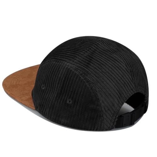 CLAPE 5 Panel Baseball Cap, Breathable Moisture-Wicking Corduroy Flat Brim Snapback Trucker Hat Adjustable Vintage Dad Hat - color: D5ph05-black
