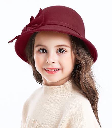 Bienvenu Kids Girls Winter Warm 100% Wool Bucket Hats Fedoras with Bowknot - color: Burgundy