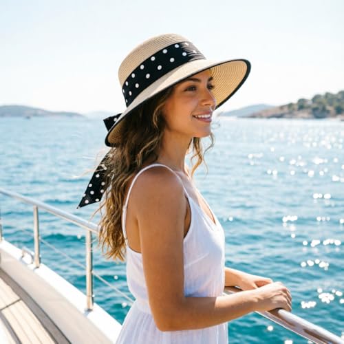 DRESHOW Sun Hats for Women Travel Fedora Foldable Beach Sun Hat Summer Wide Brim Straw Bucket Hat with Bowknot UPF 50+ - color: 1 Pack Bowknot Straw Hat: Beige (Black Polka Dot Band)