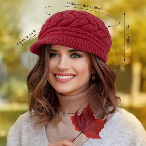 Loritta Womens Winter Beanie Hats, Thick Warm Beanie with Visor Brim - color: Wine Red