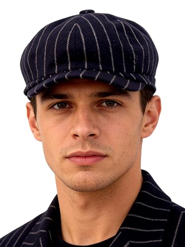 Adult 1920s Newsboy Cap for Men British Gangster Style Costume Baker Wool 8-piece Cap Halloween - color: Navy Stripe, size: L (23.6")