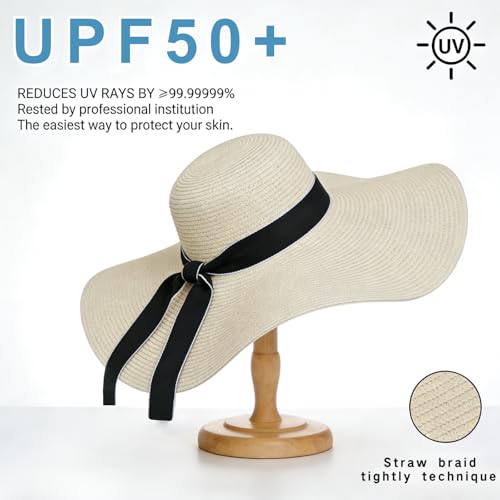 Womens Beach Sun Straw Hat Oversize Wide Brim Beach Roll up Hats Floppy Foldable Summer Hat Vacation UPF 50+ - color: Beige01