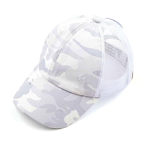 C.C. Childrens' Kids' Girls' Criss Cross High Bun Adjustable Mesh Trucker Baseball Cap - color: Distressed Camo White