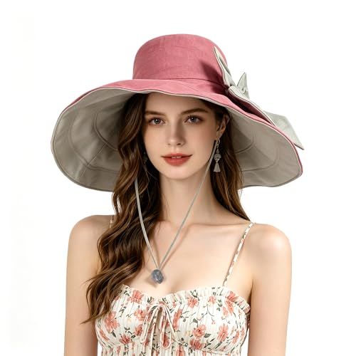 Women's Foldable Floppy Sun Hats Reversible Vacation Beach Cap Summer Wide Brim UPF 50+ Travel Fishing Bucket Hat - color: Pink, Cotton Linen