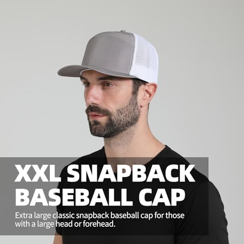 Oversize XXL Blank Flatbill Mesh Snapback Cap for Big Head 23.6"-25.6" Extra Large 6 Panel Camper Style Hat Baseball Cap - color: B - Light Grey