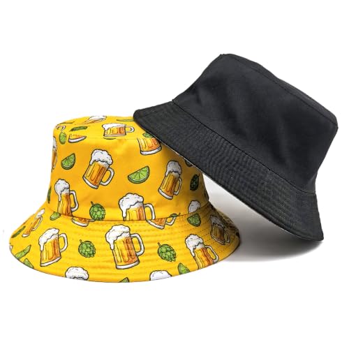 Quanhaigou Bucket Hat for Men Women,Packable Reversible Printed Sun Hats,Fisherman Outdoor Summer Travel Hiking Beach Caps - color: Beer Hop