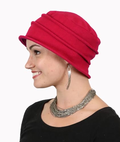 Fleece Flower Cloche Hat for Women Chemo Cancer Ladies Headwear 50+ UPF - color: Red