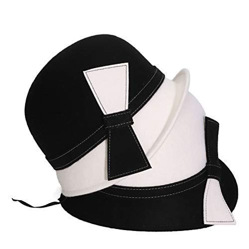 Women's Wool Cloche Hat Wide Brim Winter Bowler Fedora with Bow for Church Wedding Formal Outfits