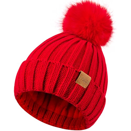 Womens Winter Beanie Hat Fleece Lined Warm Skull Cap with Faux Fur Pom Cuff Knitted Hat for Women - color: Red